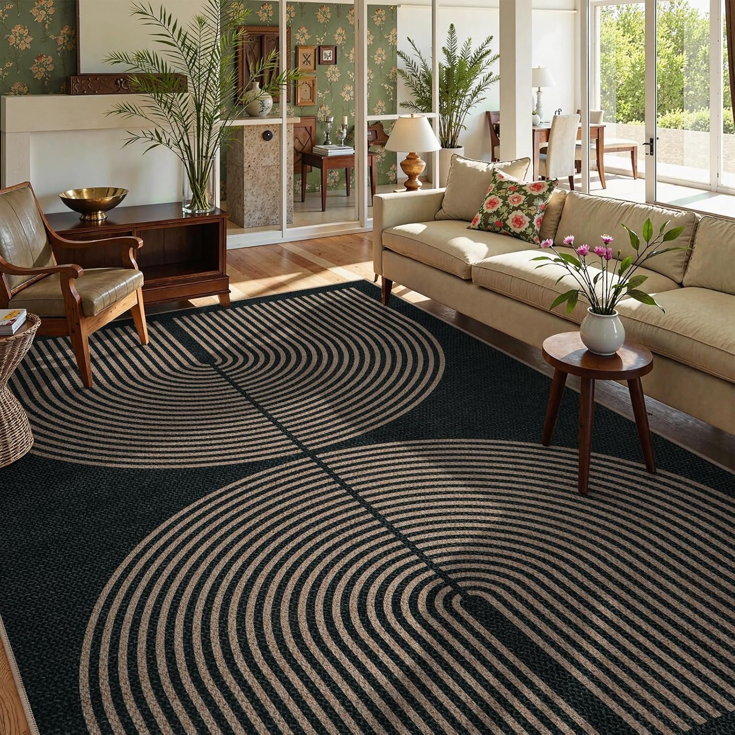 Minimalist Moroccan Trellis Living Room Carpet Detail